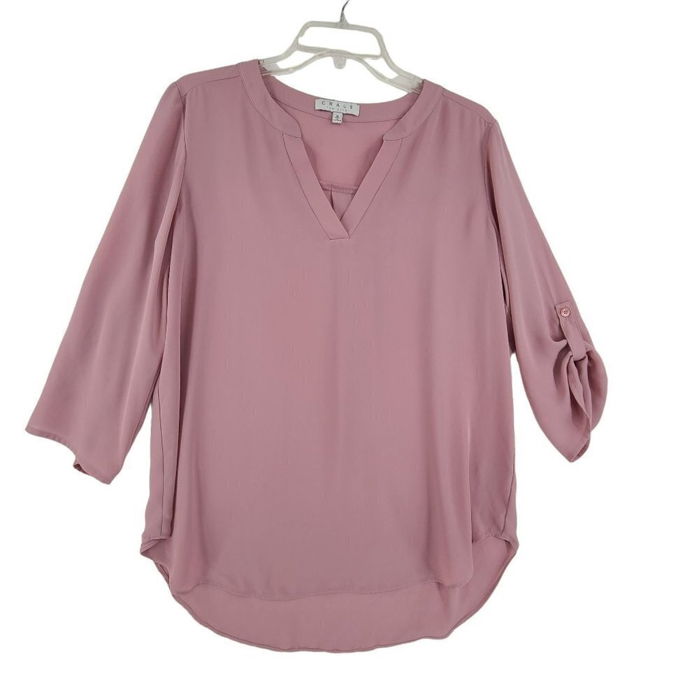 Chaus New York Pleated Front Tab V- Neck Top lavender Size M